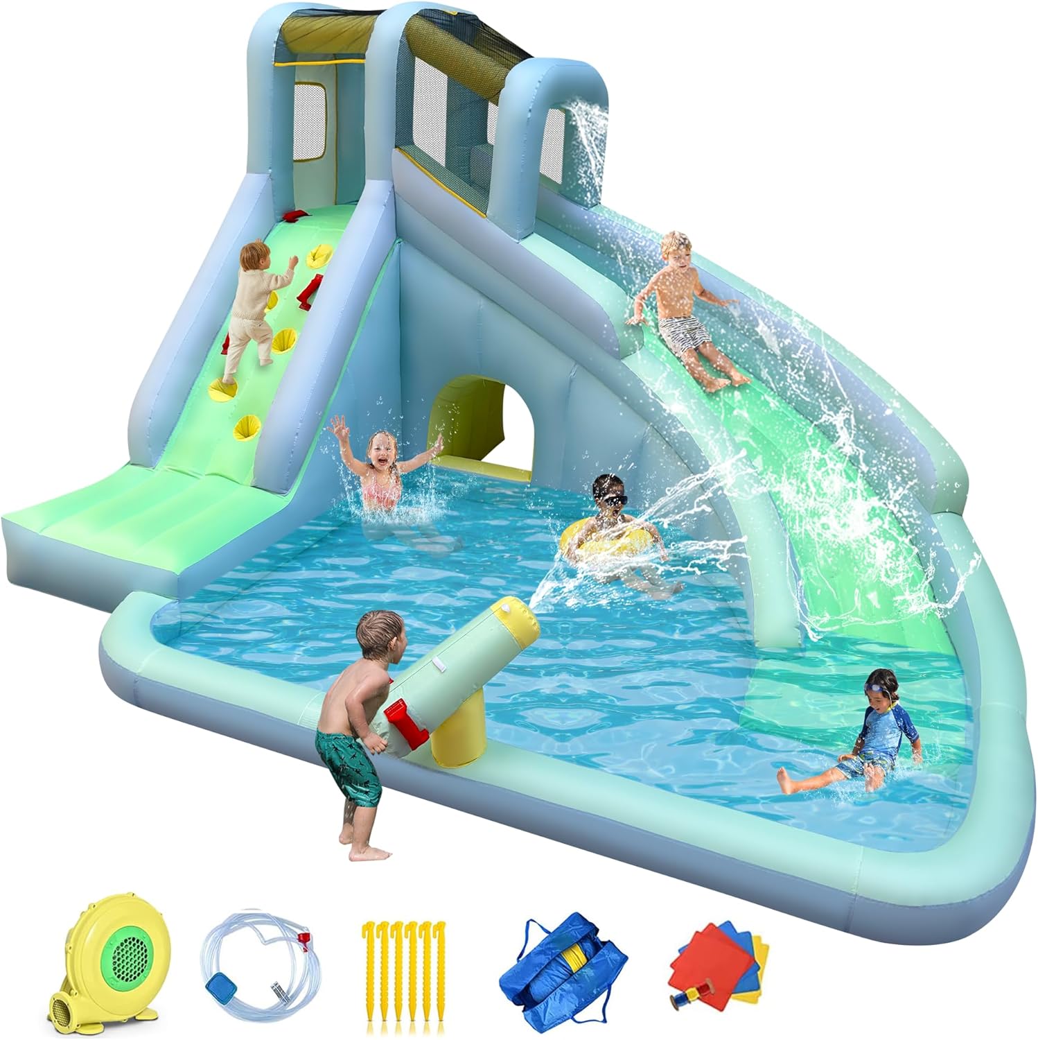 Kids Outdoor House With Slide - 6-in-1 Aufblasbares Kinder-Hüpfburg-Wasserpark, 550W Gebläse Inklusive,