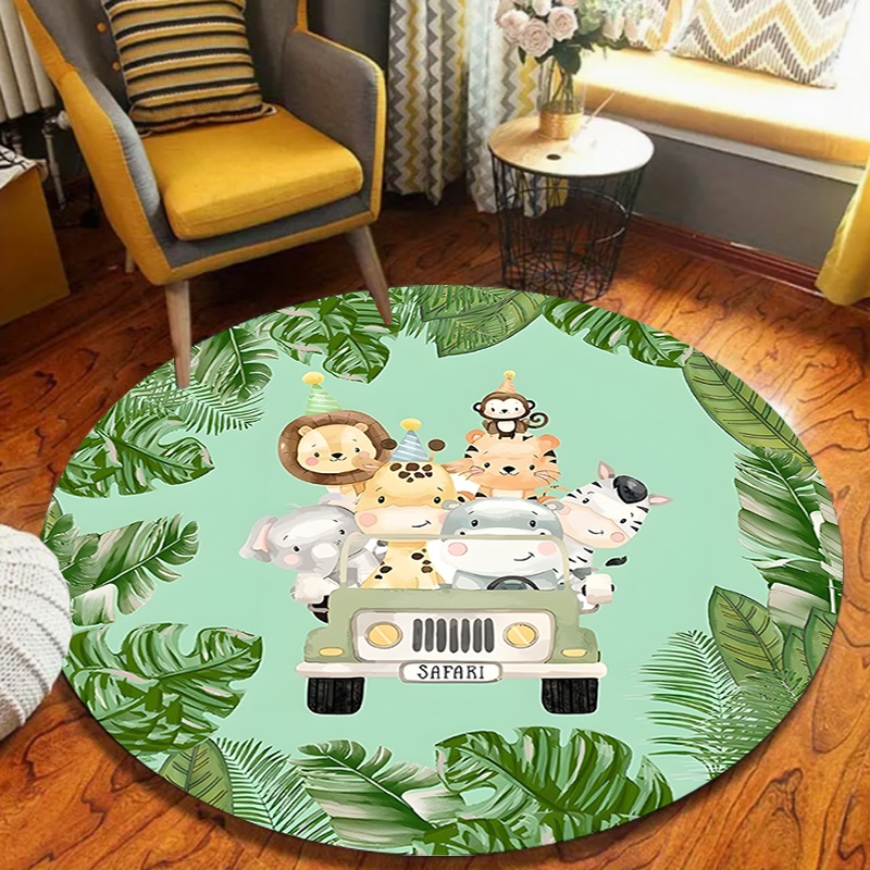 Kids Outdoor Zoo - Niedlicher Safari-Dschungeltier-Truck Runder Teppich Rutschfester Kinder-Bodenteppich