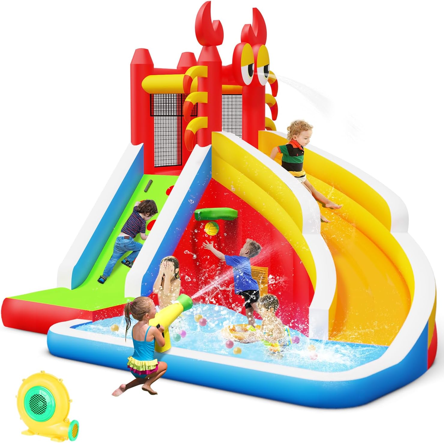 Kids Outdoor House With Slide - Großes Aufblasbares Hüpfhaus mit Wasserrutsche für